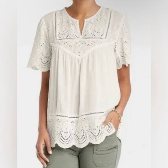 Knox Rose Sz XL Embroidered Eyelet Crochet Short Sleeve Top Boho Peasant NWT - Picture 1 of 15